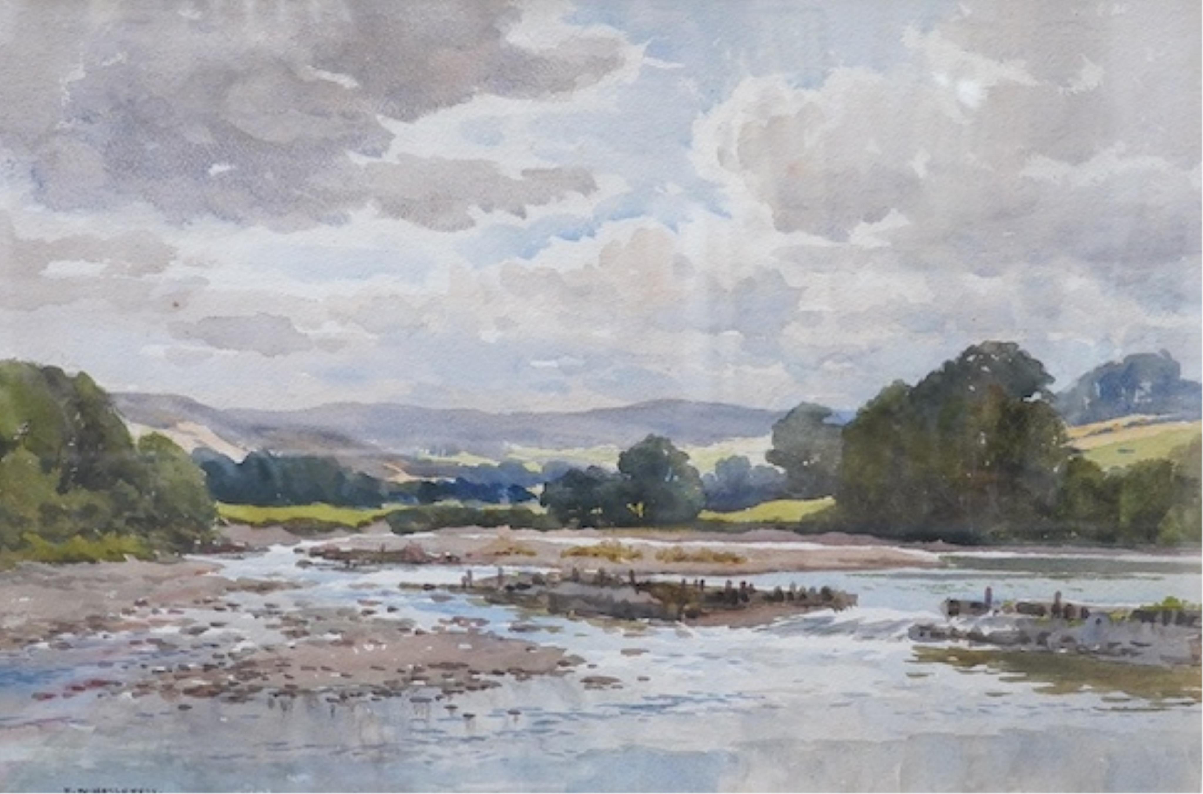 Two watercolours comprising Ernest William Haslehust (1866-1949), ‘Springtime near Fletching’ and ‘On the Weir’ and Rosa Harding, oil, Seven Sisters, each signed, 36 x 54cm. Condition - fair to good